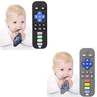 USLAI 𝟐𝐏𝐜𝐬 Baby Teether Toys, Teething Toys for Babies 𝟑 𝟔 𝟏𝟐 𝟏𝟖 𝐌𝐨𝐧𝐭𝐡𝐬, TV Remote Control Shape Teething Relief Baby Toys, BPA Free Silicone Sensory Chew Toys