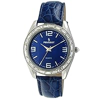 Peugeot Women Crystal Accented Round Watch - Boyfriend Style with Genuine Leather Strap Watch
