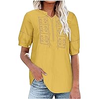 Linen Shirts for Women 2024 Summer Tops Short Sleeve Boho Blouses Loose Fit Tshirts Ethnic Print Tunic Tops Soft Tees, Western Shirts for Women, Going Out Tops for Women