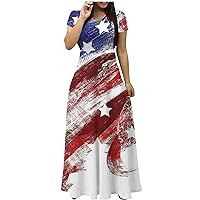 4th of July Maxi Dress Women USA Flag Stars Stripes Empire Waist Dress Summer Short Sleeve V Neck Casual Beach Dress