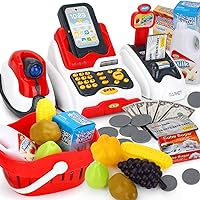 Pretend Play Smart Cash Register Toy, Kids Cashier with Checkout Scanner,Fruit Card Reader, Credit Card Machine, Play Money and Grocery Play Food Set, Educational Toys for Boys & Girls Gifts Toddlers