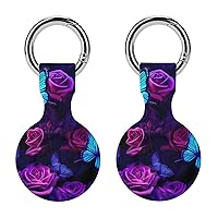 Butterflies and Roses Purple Printed Silicone Case for AirTags with Keychain Protective Cover Air Tag Finder Tracker Accessories Holder