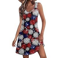 American Flag Dresses for Women Summer Beach Casual Sundress Printed V Neck Loose Tank Dresses with Pockets