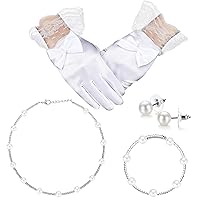 4 Pcs Pearl Necklace Sets for Girls Little Girls Tea Party Jewelry Pearl Bracelet Earrings and White Communion Glove