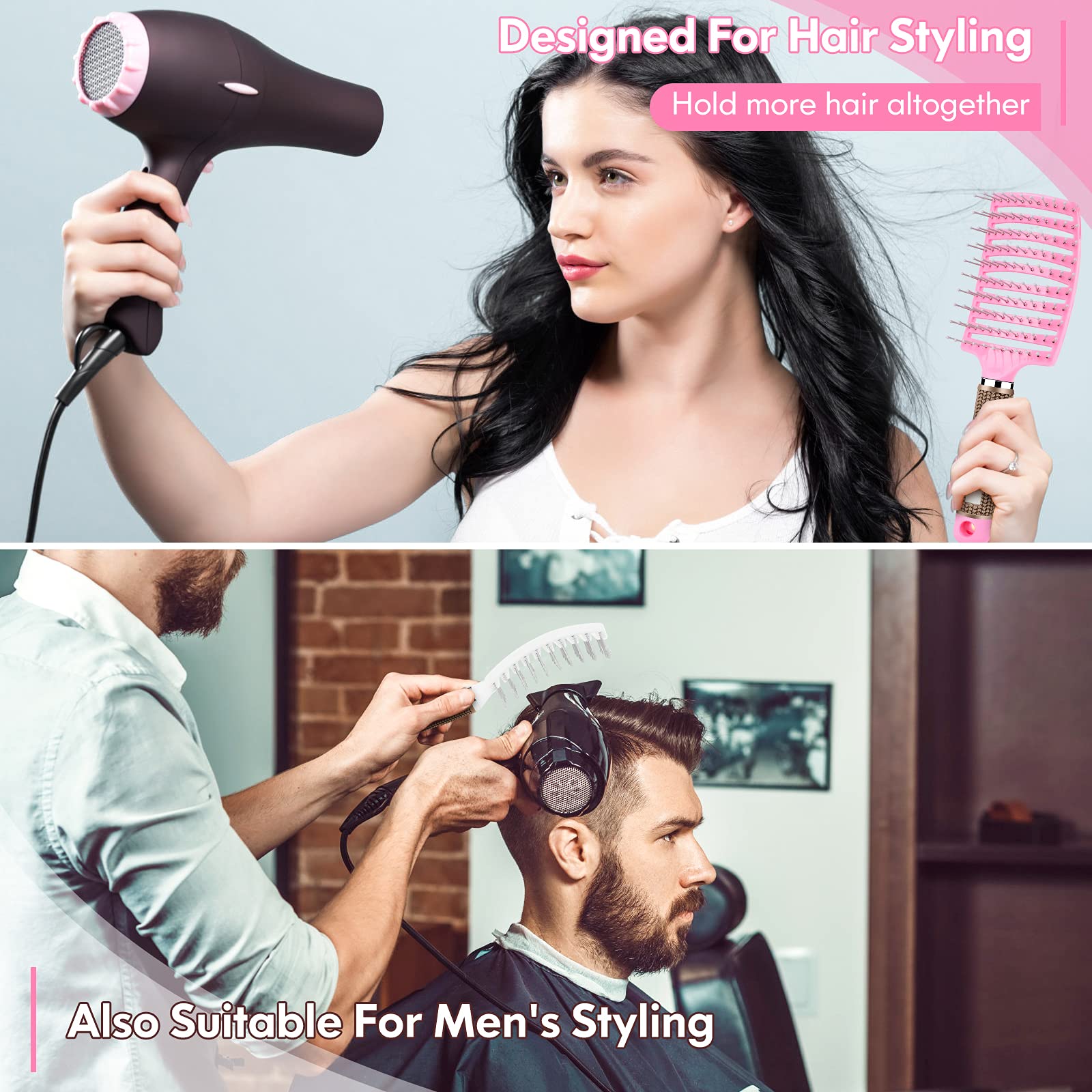 Hair Brush Set, Curved Vented Detangling Hair Brushes for Women Men Kids, Professional Vent Styling Brush for Wet Dry Curly Thick Straight Hair Fast Blow Drying Brush (Pink+ Black)