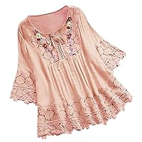 Women's Summer Bohemian Blouses Tops 3/4 Sleeve Lace Ruffle Front Floral Embroidered Tunic for Older Women Loose 2024