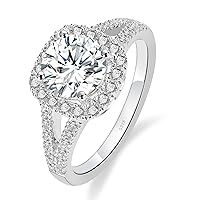 2CT Moissanite Engagement Rings for Women, Round Cut D Color VVS1 Lab Grown Diamond Halo Wedding Ring, S925 Sterling Silver with 18K White Gold Plated Promise Ring for Her（size 4-11）