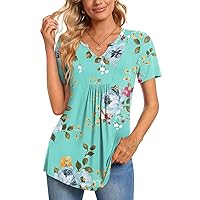 Womens Short Sleeve Tunic Tops Henley Shirt V-neck Button Up Blouse Casual Pleated Basic Pullover