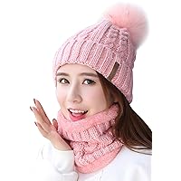 IYEBRAO Womens Winter Knit Beanie Hat and Scarf Set Girls Cute Slouchy Thick Fleece Lined Ski Hat Warm Skull Cap with Pom
