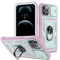 Compatible with iPhone 12 pro max Case, Heavy Duty Rugged 3 in 1Camera Case Protector with 360 Degree Swivel Ring Stand Cover, Compatible with iPhone 12 pro max -Green Pink 6.7 inches