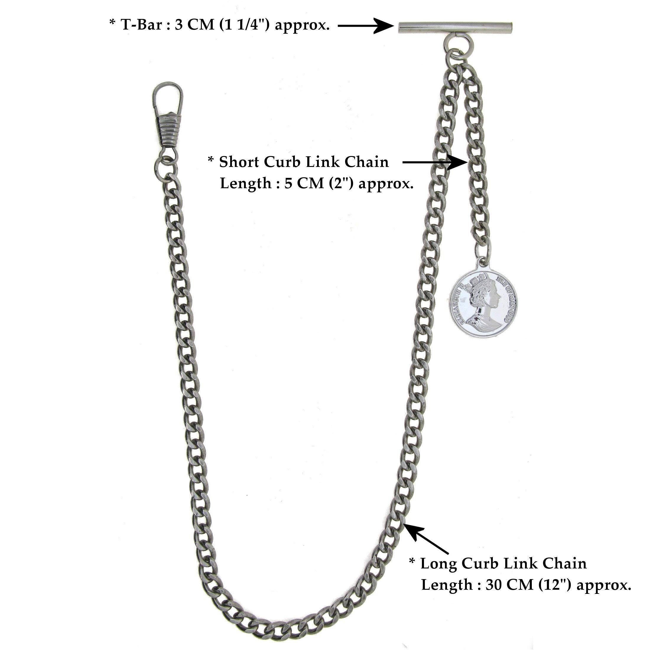 Albert Chain Silver Color Pocket Watch Chains for Men with Queen Elizabeth Coin Design Fob T Bar AC101