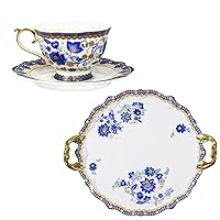 ACMLIFE Bone China Tea Cups and Saucers, Large Serving Tray with Handles, Blue and White