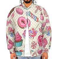 Colorful Lollipop Candy Macaroon Cupcake Donut Men's Baseball Bomber Jacket Casual Lightweight Streetwear Button Down Coats