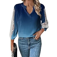 Women's 3/4 Sleeve Loose Casual V-Neck Top Printed Lace Hollow Sleeve T-Shirt Summer Workout Shirts for Women
