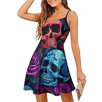 Psychedelic Skulls Roses Womens Sling Dress Fashion Mini Swing Sundress Tank T Shirt Dresses
