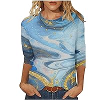 3/4 Sleeve Shirts for Women 2024 Casual Tops Summer Oversized Blouses Round Neck Print Pullover Trendy Loose T-Shirt Top