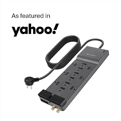 Belkin Power Strip Surge Protector - 12 AC Multiple Outlets & 8 ft Long Flat Plug Heavy Duty Extension Cord for Home, Office, Travel, Computer Desktop, Laptop & Phone Charging Brick (3,940 Joules)