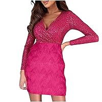 2024 Sparkle Sequin Dress for Womens Glitter Ruched Wrap Long Sleeve Midi Dress Party Club Homecoming Gowns Work Pencil Dress