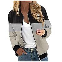 Women Color Block Bomber Jacket Long Sleeve Lightweight Coat Full Zip Casual Moto Biker Jackets Daily Outerwear