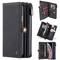 Case for iPhone X/XS/XS Max/XR, Mini Wallet Handmade Leather Hand Strap Stand Function Card Slots Detachable Magnetic Flip Folio Phone Protective,