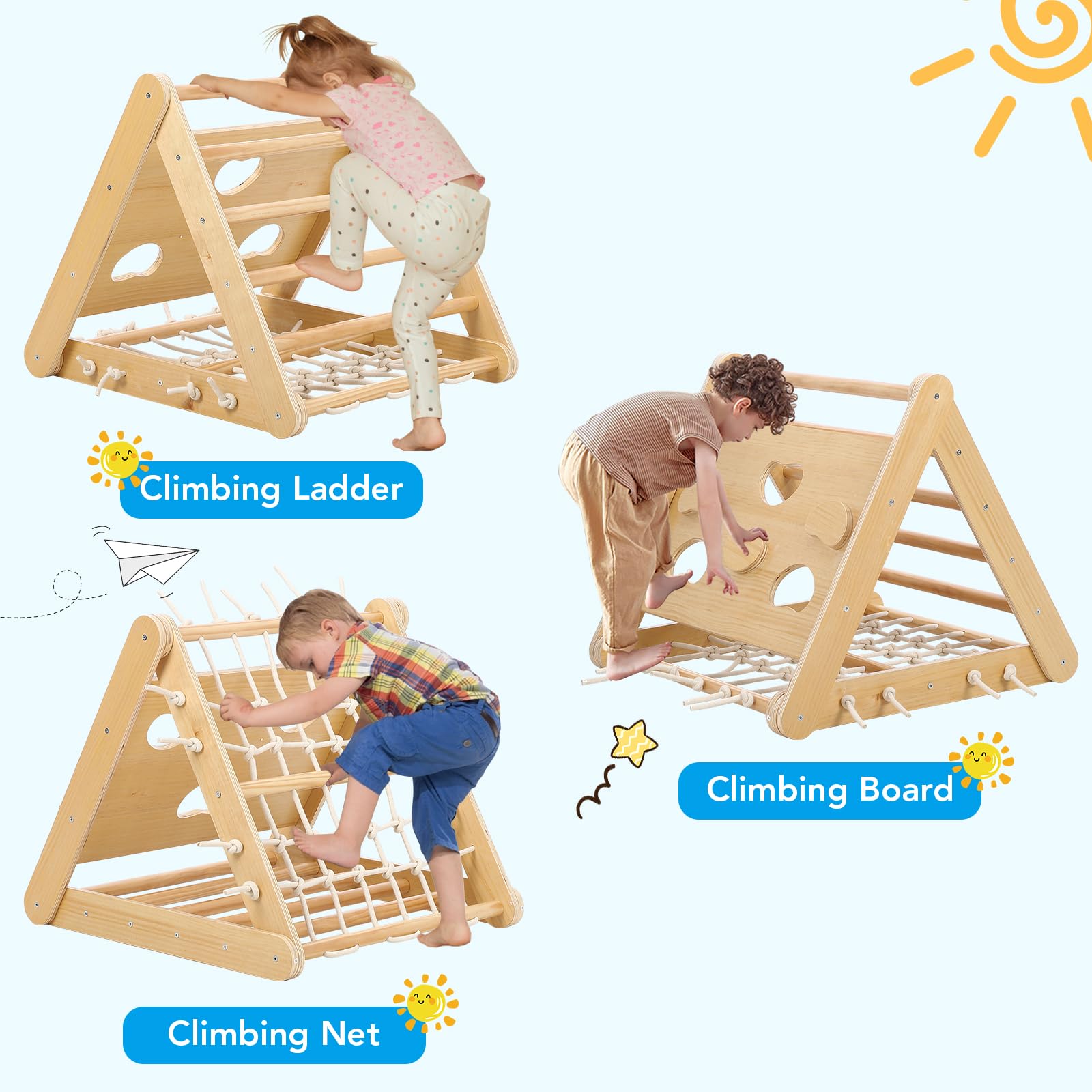 Toddler Indoor Gym Playset, 3in1 Wooden Climbing Toys, 3-Sided Wooden Triangle Climber with Climbing Net,Sliding Ramp, Sandbags & Board for Boys Girls Gift,Home & Daycare