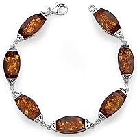 PEORA Genuine Baltic Amber Designer Gallery Pendant Necklace, Earrings and Bracelet in Sterling Silver, Rich Cognac Color