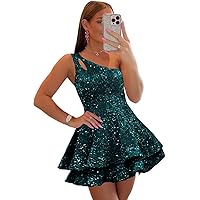 CWOAPO One Shoulder Velvet Sequins Homecoming Dress Tiered Short Prom Dresses for Teens Sparkly Ruffle Cocktail Party