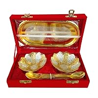 Silver and Gold Plated Floral Shaped Brass Bowl and Tray Set Dry Fruit Bowl Set, Diwali, Christmas, Festival Gifts, Set