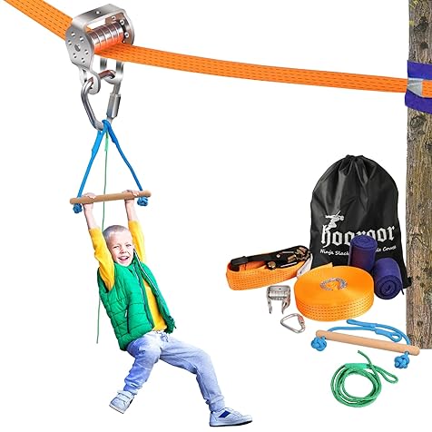hooroor Slackline Pulley with 52FT Zip Line, Monkey Bar, Ninja Warrior Obstacle Course-Outdoor Backyard Toys for Kids&Adults-Jungle Gym Playset