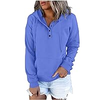 Womens Fall Fashion 2023 Hoodies Solid Color Hooded Sweatshirt Button V Neck Casual Basic Pullover Fall Top With Pocket