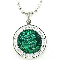 St. Christopher Large Surf Medal Necklace Pendant, Protector of Travel gr-wh Green-White