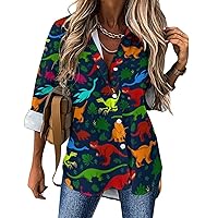 Colorful Dinos Dinosaur Women's Button Down Shirt Casual Long Sleeve Shirts Loose Fit Blouse Tops