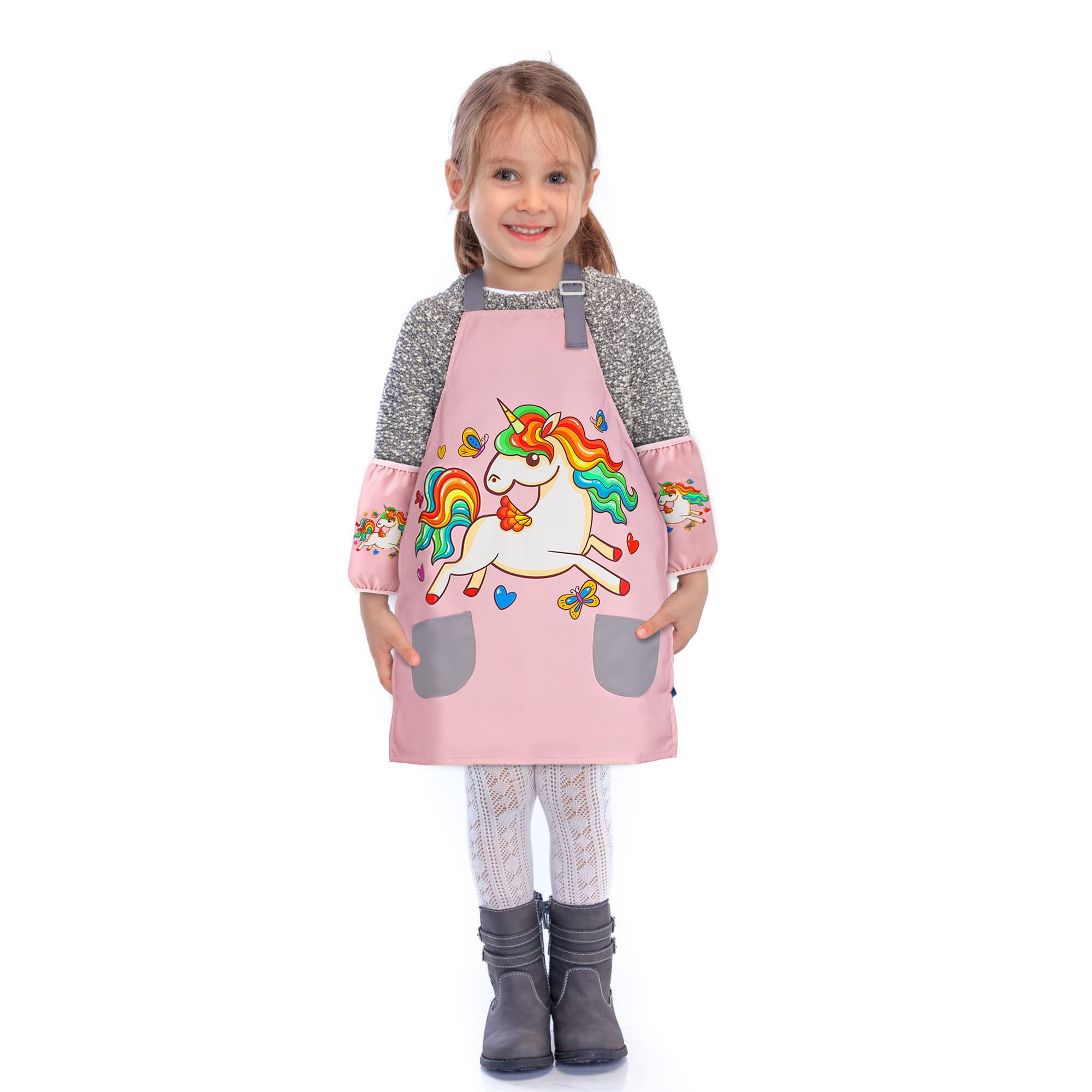 FUSOTO Unicorn Kids Aprons for Girls, Kids Cute Kitchen Cooking Apron for Ages 6-12, Kids Artist Painting Apron with Pockets, Arts and Crafts for Kids, Unicorns Gifts for Girls