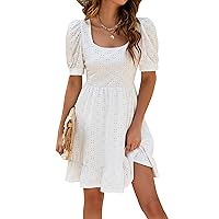 Blooming Jelly Womens White Dresses Short Sleeve V Neck Ruffle Cute Sun Dress Chiffon Flowy Shift Mini Dress