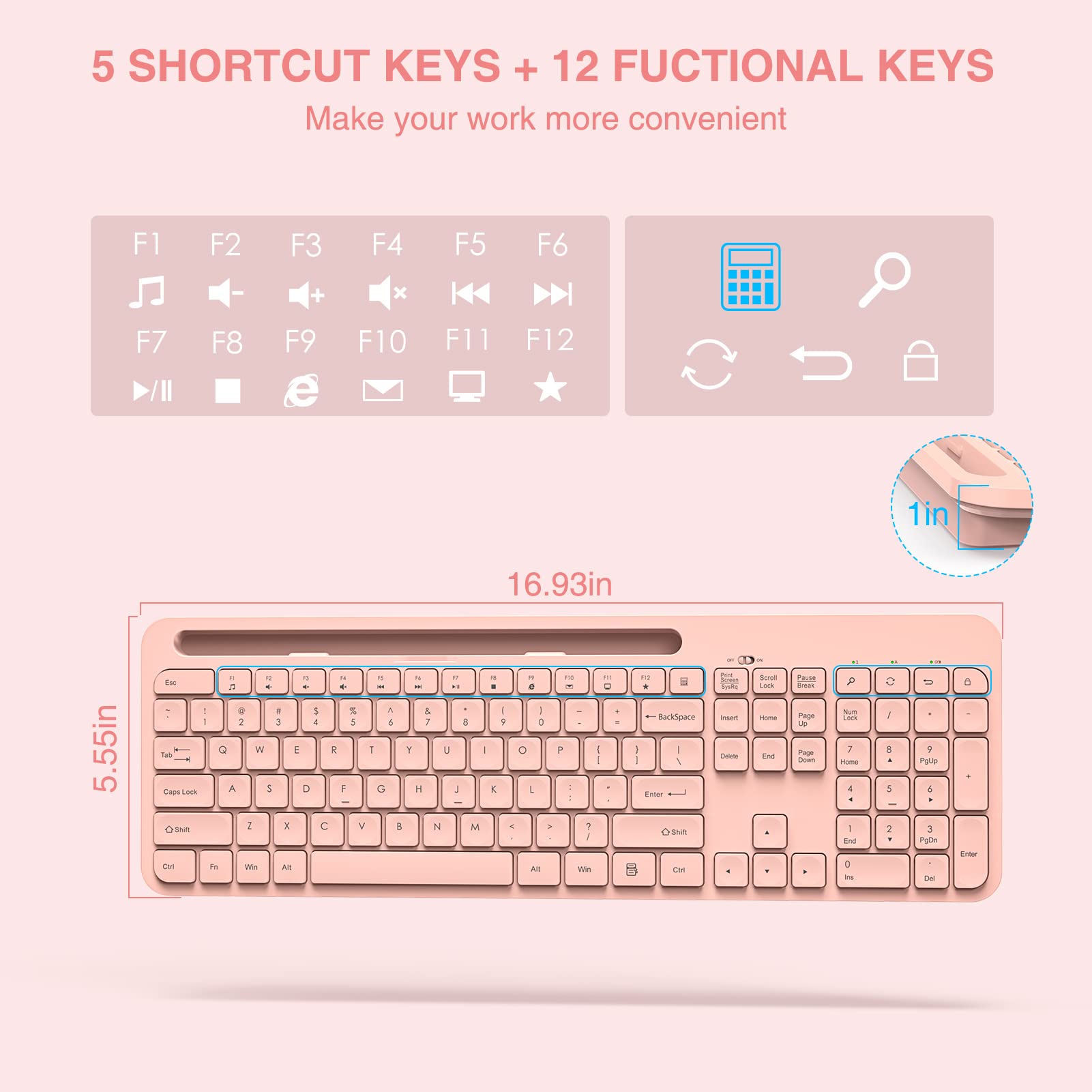 Wireless Keyboard and Mouse Combo, WisFox 2.4G USB Wireless Ergonomic with Phone Holder, Full-Size Keyboard and Mouse Set for Computer, Laptop and Desktop(Pink)