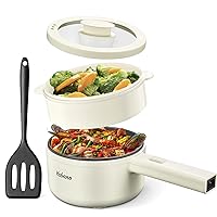 Yabano Electric Pot, 850W Non-Stick Electric Hot Pot with Steamer,1.6L Noodles Cooker with Dual Power Control, Portable Pot For Dorm, Office, Travel with Silicone Spatula Included, BPA Free, White