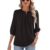 Rapbin Keyhole V Neck Puff 3/4 Length Sleeve Womens Tops Dressy Casual Chiffon Work Blouses Pleated T-Shirts Loose Fit S-XXL