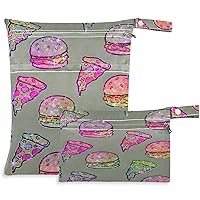 visesunny Colorful Pizza and Hamburger 2Pcs Wet Bag with Zippered Pockets Washable Reusable Roomy Diaper Bag for Travel,Beach,Daycare,Stroller,Diapers,Dirty Gym Clothes,Wet Swimsuits,Toiletries