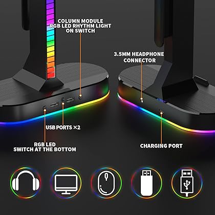 RGB Headset Holder- Gaming Headphone Stand, Headset Stand with 2USB Port and 3.5mm Audio Port, Adjustable Ambient Light and Auto-Sensing Rhythm Light, Gamers Desktop Gaming Earphone Accessories.