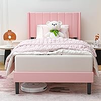 Upholstered Bed Frame Twin with Wingback Headboard/No Box Spring Needed/Wooden Slat Support/Easy Assemble/Pink