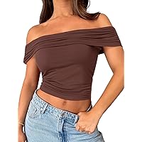 MEROKEETY Women's 2024 Summer Sexy Off The Shoulder Crop Tops Short Sleeve Ruched Tight Shirts