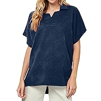 Women’S Top Short Sleeve Shirts for Women 2024 Summer Texture Fashion Trendy Loose Fit with V Neck Plus Size Blouses Dark Blue Medium