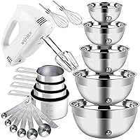 Hand Mixer Electric Mixing Bowls Set, 5 Speeds Handheld Mixer with 5 Nesting Stainless Steel Mixing Bowl, Measuring Cups Spoons 200W Kitchen Blender Whisk Beater Baking Supplies For Beginner