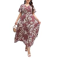 MakeMeChic Women's Plus Size Boho Casual Dress Floral Short Sleeve Shirred Square Neck Maxi Flomal Dress