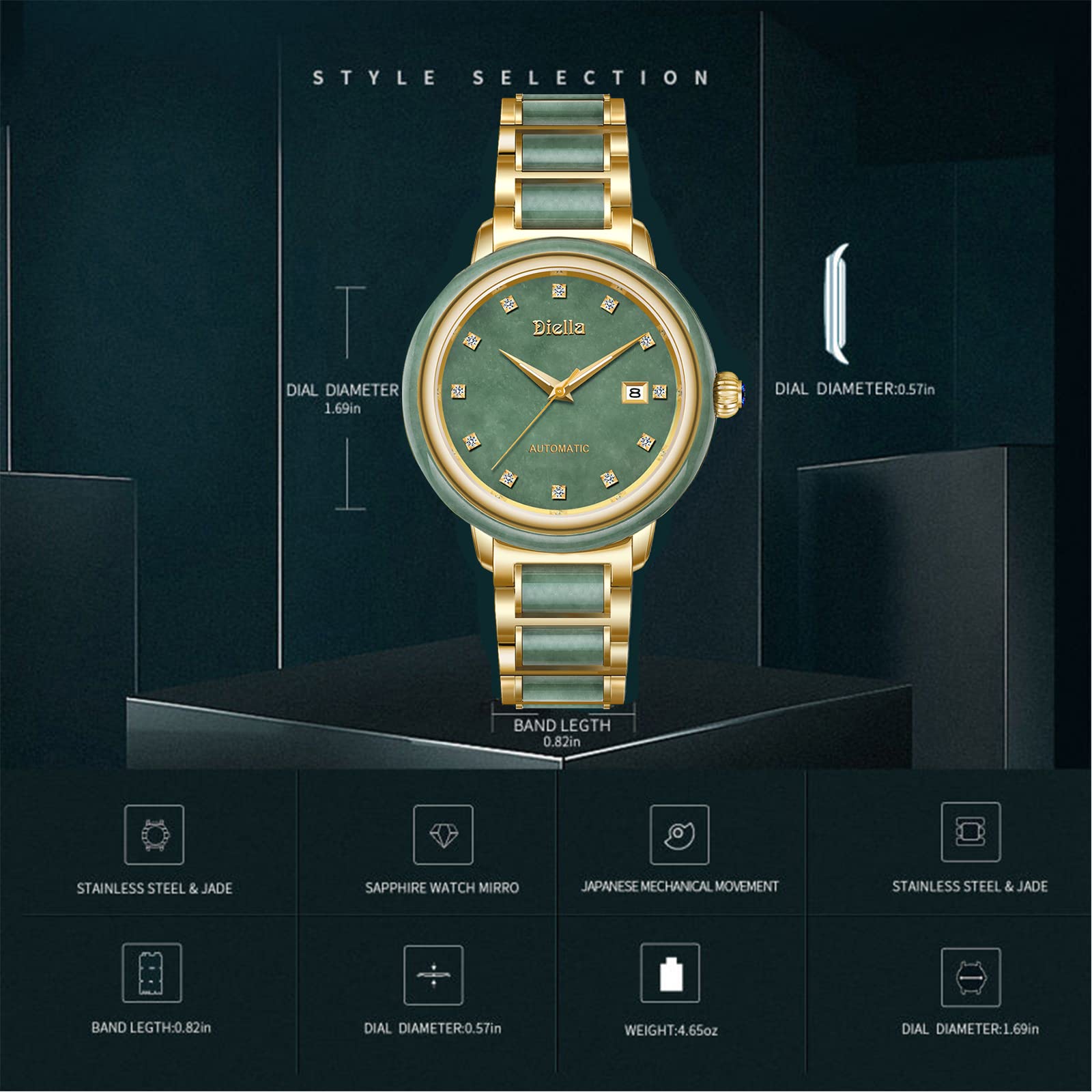 Diella Automatik Herren Uhren, Luxus Grün Jade und Gold Männer Mechanische Uhren, Edelstahl Wasserdicht Armband Uhren für Herren