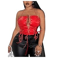 Women's Plus Size Lace Up Backless Crop Tank Tops Grommet Eyelet Sleeveless Casual Slim Fit Halter Top