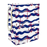 Wavy Blue Stripes Ocean Anchor Corrugated Large Laundry Hamper With Easy Carry Handle, Waterproof Collapsible Laundry Basket For Storage Bins Kids Room Home Organizer