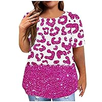 Womens Summer Shirts Casual Crew Neck Tee T-Shirt Short Sleeve Tops for Women Leopard Patchwork Print Loose Blouse L-5XL