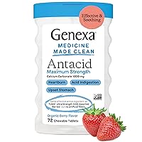 Genexa Antacid Maximum Strength Chewable Tablets | Calcium Carbonate Acid Reducer Relief for Heartburn, Acid Indigestion, & Upset Stomach | Delicious Organic Berry Flavor | 72 Tablets