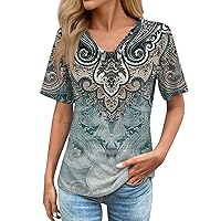 Women's Plus Size Summer Tops Short Sleeve Shirts 2024 Spring Summer Casual Vintage Geometric Printed Blouses